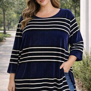 T by Talbot's 2X Blue/Black/White Striped Long Tunic Sweater Round Neck